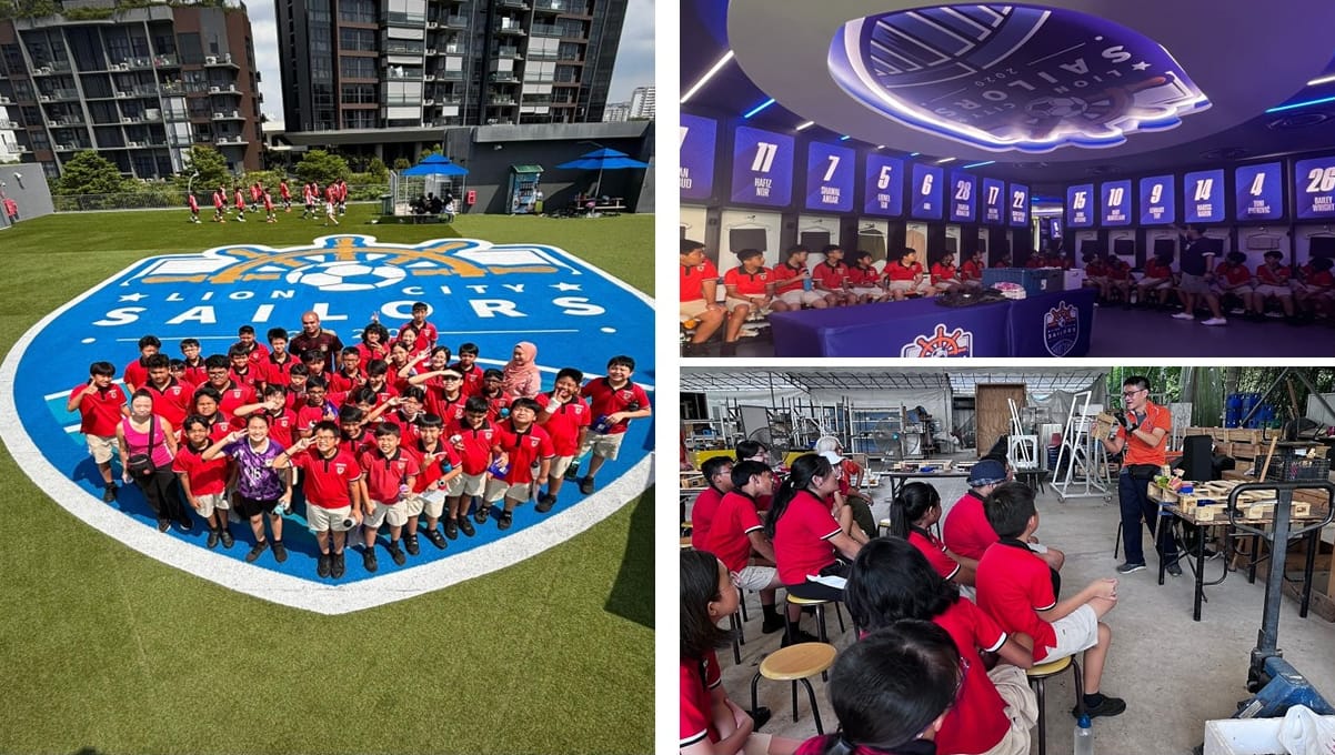 Students in red shirts pose on a field logo; others sit in a team room and a workshop class.